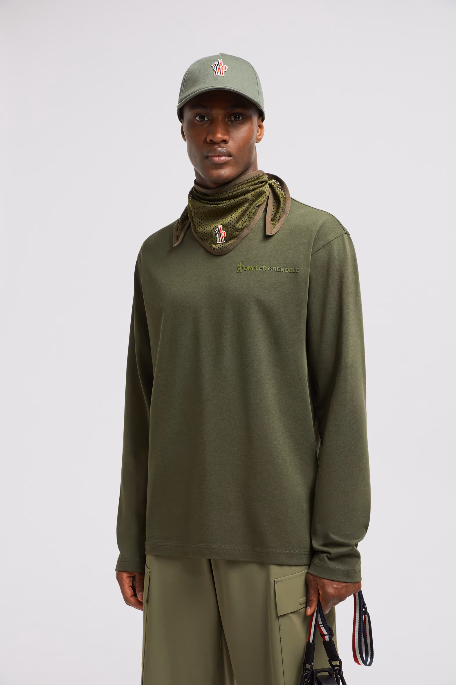 Logo Long Sleeve Cotton T-Shirt Men Olive Green Moncler 0